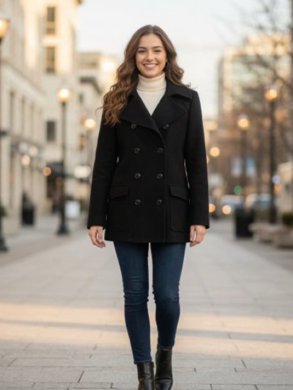 Old Navy Black Winter Brushed Wool Peacoat Warm Snow Travel Coat Outdoors